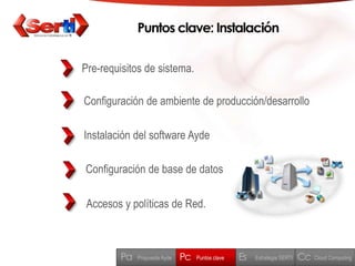 Puntos clave: InstalaciónPre-requisitos de sistema.Configuración de ambiente de producción/desarrolloInstalación del software AydeConfiguración de base de datosAccesos y políticas de Red.PcPaEsCcPuntos clavePropuesta AydeEstratégia SERTICloud Computing