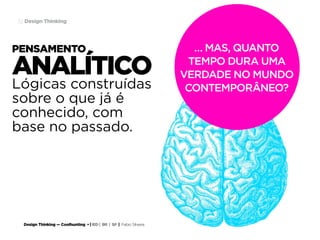 Design Thinking — Coolhunting • | IED | BR | SP | Fabio Silveira
Design Thinking32
PENSAMENTO
ANALÍTICO
… MAS, QUANTO
TEMPO DURA UMA
VERDADE NO MUNDO
CONTEMPORÂNEO?Lógicas construídas
sobre o que já é
conhecido, com
base no passado.
 