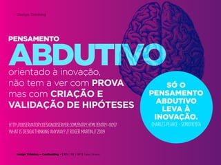 Design Thinking — Coolhunting • | IED | BR | SP | Fabio Silveira
Design Thinking34
orientado à inovação,
não tem a ver com PROVA
mas com CRIAÇÃO E
VALIDAÇÃO DE HIPÓTESES
HTTP://OBSERVATORY.DESIGNOBSERVER.COM/ENTRY.HTML?ENTRY=11097
WHAT IS DESIGN THINKING ANYWAY? // ROGER MARTIN // 2009
ABDUTIVO
PENSAMENTO
SÓ O
PENSAMENTO
ABDUTIVO
LEVA À
INOVAÇÃO.
CHARLES PEARCE - SEMIOTICISTA
 