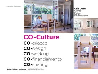 Design Thinking — Coolhunting • | IED | BR | SP | Fabio Silveira
Design Thinking58
CO-Culture
CO-criação
CO-design
CO-working
CO-financiamento
CO-sharing
Casa Gracia
Cliente:
Finistel
IED Barcelona
 