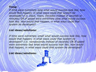Time:
If time were extremely long what would success look like, how
would that happen, in what ways could that system be
developed? (i.e. Days, Years, Decades instead of seconds or
minutes) OR If speed were extremely slow what would success
look like, how would that happen, in what ways could that
system be developed?

List ideas/solutions:

If time were extremely small what would success look like, how
would that happen, in what ways could that system be
developed? (i.e. nanoseconds instead of seconds) OR If speed
were extremely fast what would success look like, how would
that happen, in what ways could that system be developed?

List ideas/solutions:
 