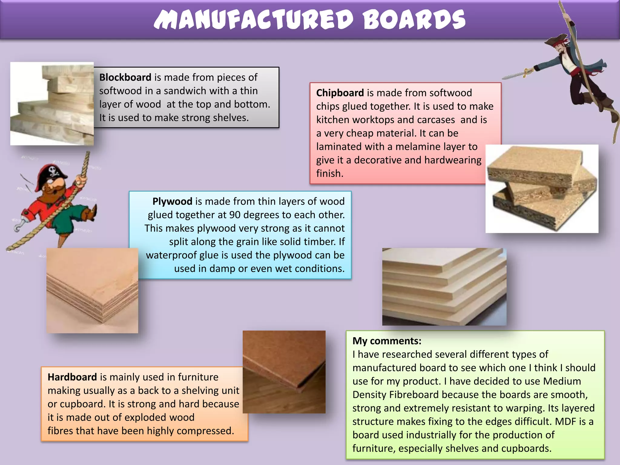 My comments:
I have researched several different types of
manufactured board to see which one I think I should
use for my product. I have decided to use Medium
Density Fibreboard because the boards are smooth,
strong and extremely resistant to warping. Its layered
structure makes fixing to the edges difficult. MDF is a
board used industrially for the production of
furniture, especially shelves and cupboards.
Plywood is made from thin layers of wood
glued together at 90 degrees to each other.
This makes plywood very strong as it cannot
split along the grain like solid timber. If
waterproof glue is used the plywood can be
used in damp or even wet conditions.
Chipboard is made from softwood
chips glued together. It is used to make
kitchen worktops and carcases and is
a very cheap material. It can be
laminated with a melamine layer to
give it a decorative and hardwearing
finish.
Blockboard is made from pieces of
softwood in a sandwich with a thin
layer of wood at the top and bottom.
It is used to make strong shelves.
Hardboard is mainly used in furniture
making usually as a back to a shelving unit
or cupboard. It is strong and hard because
it is made out of exploded wood
fibres that have been highly compressed.
Manufactured Boards
 