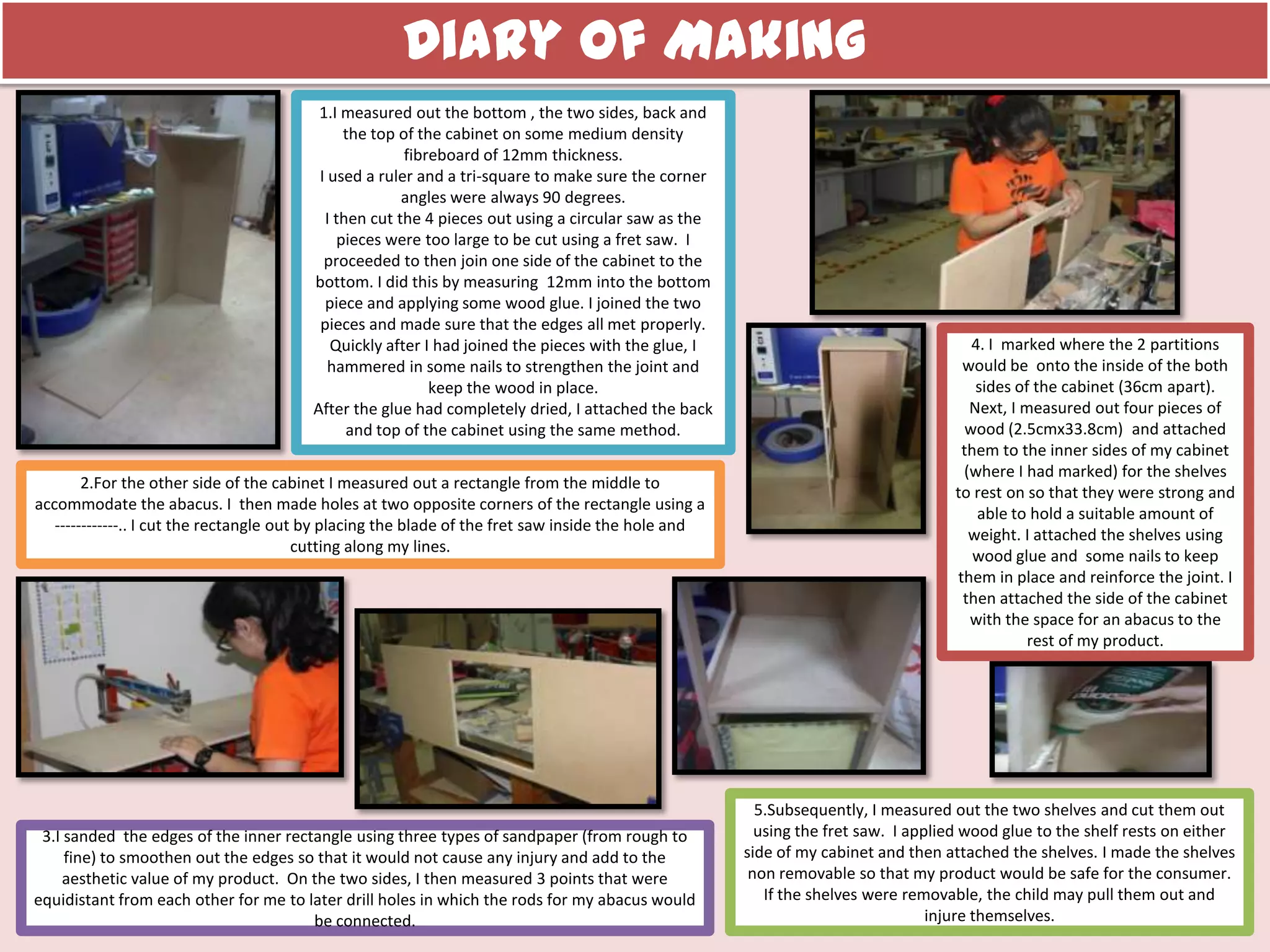 4. I marked where the 2 partitions
would be onto the inside of the both
sides of the cabinet (36cm apart).
Next, I measured out four pieces of
wood (2.5cmx33.8cm) and attached
them to the inner sides of my cabinet
(where I had marked) for the shelves
to rest on so that they were strong and
able to hold a suitable amount of
weight. I attached the shelves using
wood glue and some nails to keep
them in place and reinforce the joint. I
then attached the side of the cabinet
with the space for an abacus to the
rest of my product.
5.Subsequently, I measured out the two shelves and cut them out
using the fret saw. I applied wood glue to the shelf rests on either
side of my cabinet and then attached the shelves. I made the shelves
non removable so that my product would be safe for the consumer.
If the shelves were removable, the child may pull them out and
injure themselves.
Diary of Making
1.I measured out the bottom , the two sides, back and
the top of the cabinet on some medium density
fibreboard of 12mm thickness.
I used a ruler and a tri-square to make sure the corner
angles were always 90 degrees.
I then cut the 4 pieces out using a circular saw as the
pieces were too large to be cut using a fret saw. I
proceeded to then join one side of the cabinet to the
bottom. I did this by measuring 12mm into the bottom
piece and applying some wood glue. I joined the two
pieces and made sure that the edges all met properly.
Quickly after I had joined the pieces with the glue, I
hammered in some nails to strengthen the joint and
keep the wood in place.
After the glue had completely dried, I attached the back
and top of the cabinet using the same method.
2.For the other side of the cabinet I measured out a rectangle from the middle to
accommodate the abacus. I then made holes at two opposite corners of the rectangle using a
------------.. I cut the rectangle out by placing the blade of the fret saw inside the hole and
cutting along my lines.
3.I sanded the edges of the inner rectangle using three types of sandpaper (from rough to
fine) to smoothen out the edges so that it would not cause any injury and add to the
aesthetic value of my product. On the two sides, I then measured 3 points that were
equidistant from each other for me to later drill holes in which the rods for my abacus would
be connected.
 