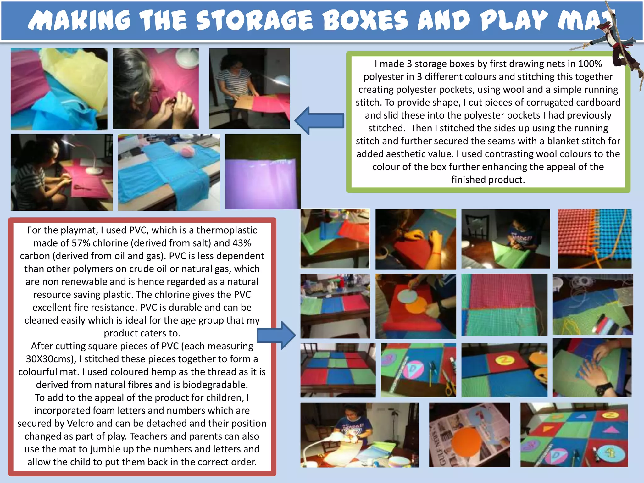 I made 3 storage boxes by first drawing nets in 100%
polyester in 3 different colours and stitching this together
creating polyester pockets, using wool and a simple running
stitch. To provide shape, I cut pieces of corrugated cardboard
and slid these into the polyester pockets I had previously
stitched. Then I stitched the sides up using the running
stitch and further secured the seams with a blanket stitch for
added aesthetic value. I used contrasting wool colours to the
colour of the box further enhancing the appeal of the
finished product.
For the playmat, I used PVC, which is a thermoplastic
made of 57% chlorine (derived from salt) and 43%
carbon (derived from oil and gas). PVC is less dependent
than other polymers on crude oil or natural gas, which
are non renewable and is hence regarded as a natural
resource saving plastic. The chlorine gives the PVC
excellent fire resistance. PVC is durable and can be
cleaned easily which is ideal for the age group that my
product caters to.
After cutting square pieces of PVC (each measuring
30X30cms), I stitched these pieces together to form a
colourful mat. I used coloured hemp as the thread as it is
derived from natural fibres and is biodegradable.
To add to the appeal of the product for children, I
incorporated foam letters and numbers which are
secured by Velcro and can be detached and their position
changed as part of play. Teachers and parents can also
use the mat to jumble up the numbers and letters and
allow the child to put them back in the correct order.
Making the storage boxes and play mat
 