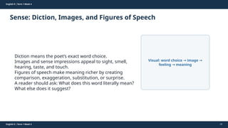 Prepared By: DepEd Club Team - DEPEDCLUB.COM
Prepared By: DepEd Club Team - DEPEDCLUB.COM
English 9 | Term 1 Week 4
Sense: Diction, Images, and Figures of Speech
English 9 | Term 1 Week 4 24
Diction means the poet’s exact word choice.
Images and sense impressions appeal to sight, smell,
hearing, taste, and touch.
Figures of speech make meaning richer by creating
comparison, exaggeration, substitution, or surprise.
A reader should ask: What does this word literally mean?
What else does it suggest?
Visual: word choice image
→ →
feeling meaning
→
 
