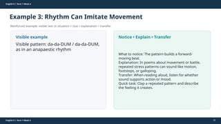 Prepared By: DepEd Club Team - DEPEDCLUB.COM
Prepared By: DepEd Club Team - DEPEDCLUB.COM
English 9 | Term 1 Week 4
Example 3: Rhythm Can Imitate Movement
Reinforced example: visible text or situation + clue + explanation + transfer.
English 9 | Term 1 Week 4 30
Visible example
Visible pattern: da-da-DUM / da-da-DUM,
as in an anapaestic rhythm
Notice • Explain • Transfer
What to notice: The pattern builds a forward-
moving beat.
Explanation: In poems about movement or battle,
repeated stress patterns can sound like motion,
footsteps, or galloping.
Transfer: When reading aloud, listen for whether
sound supports action or mood.
Quick task: Clap a repeated pattern and describe
the feeling it creates.
 