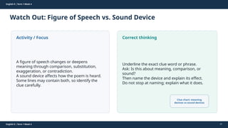 Prepared By: DepEd Club Team - DEPEDCLUB.COM
Prepared By: DepEd Club Team - DEPEDCLUB.COM
English 9 | Term 1 Week 4
Watch Out: Figure of Speech vs. Sound Device
English 9 | Term 1 Week 4 31
Activity / Focus
A figure of speech changes or deepens
meaning through comparison, substitution,
exaggeration, or contradiction.
A sound device affects how the poem is heard.
Some lines may contain both, so identify the
clue carefully.
Correct thinking
Underline the exact clue word or phrase.
Ask: Is this about meaning, comparison, or
sound?
Then name the device and explain its effect.
Do not stop at naming; explain what it does.
Clue chart: meaning
devices vs sound devices
 