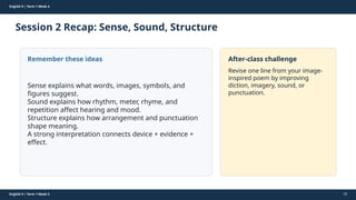 Prepared By: DepEd Club Team - DEPEDCLUB.COM
Prepared By: DepEd Club Team - DEPEDCLUB.COM
English 9 | Term 1 Week 4
Session 2 Recap: Sense, Sound, Structure
English 9 | Term 1 Week 4 33
Remember these ideas
Sense explains what words, images, symbols, and
figures suggest.
Sound explains how rhythm, meter, rhyme, and
repetition affect hearing and mood.
Structure explains how arrangement and punctuation
shape meaning.
A strong interpretation connects device + evidence +
effect.
After-class challenge
Revise one line from your image-
inspired poem by improving
diction, imagery, sound, or
punctuation.
 