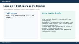 Prepared By: DepEd Club Team - DEPEDCLUB.COM
Prepared By: DepEd Club Team - DEPEDCLUB.COM
English 9 | Term 1 Week 4
Example 1: Dashes Shape the Reading
Reinforced example: visible text or situation + clue + explanation + transfer.
English 9 | Term 1 Week 4 39
Visible example
Visible clue: “And sweetest - in the Gale -
is heard -”
Notice • Explain • Transfer
What to notice: The dashes interrupt the line and
create pauses.
Explanation: The pauses slow the reading and make
important words stand out. They can also create a
reflective, emotional tone.
Transfer: When punctuation is unusual, ask how it
changes the sound and emphasis.
Quick task: Read the line aloud with and without
dashes. What changes?
 