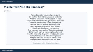 Prepared By: DepEd Club Team - DEPEDCLUB.COM
Prepared By: DepEd Club Team - DEPEDCLUB.COM
English 9 | Term 1 Week 4
Visible Text: “On His Blindness”
John Milton
English 9 | Term 1 Week 4 42
When I consider how my light is spent
Ere half my days in this dark world and wide,
And that one talent which is death to hide
Lodg’d with me useless, though my soul more bent
To serve therewith my Maker, and present
My true account, lest he returning chide,
“Doth God exact day-labour, light denied?”
I fondly ask. But Patience, to prevent
That murmur, soon replies: “God doth not need
Either man’s work or his own gifts: who best
Bear his mild yoke, they serve him best. His state
Is kingly; thousands at his bidding speed
And post o’er land and ocean without rest:
They also serve who only stand and wait.”
Read the poem before filling the Venn diagram.
 