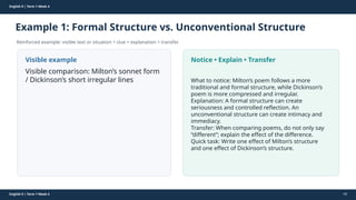 Prepared By: DepEd Club Team - DEPEDCLUB.COM
Prepared By: DepEd Club Team - DEPEDCLUB.COM
English 9 | Term 1 Week 4
Example 1: Formal Structure vs. Unconventional Structure
Reinforced example: visible text or situation + clue + explanation + transfer.
English 9 | Term 1 Week 4 44
Visible example
Visible comparison: Milton’s sonnet form
/ Dickinson’s short irregular lines
Notice • Explain • Transfer
What to notice: Milton’s poem follows a more
traditional and formal structure, while Dickinson’s
poem is more compressed and irregular.
Explanation: A formal structure can create
seriousness and controlled reflection. An
unconventional structure can create intimacy and
immediacy.
Transfer: When comparing poems, do not only say
“different”; explain the effect of the difference.
Quick task: Write one effect of Milton’s structure
and one effect of Dickinson’s structure.
 