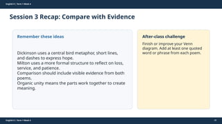 Prepared By: DepEd Club Team - DEPEDCLUB.COM
Prepared By: DepEd Club Team - DEPEDCLUB.COM
English 9 | Term 1 Week 4
Session 3 Recap: Compare with Evidence
English 9 | Term 1 Week 4 48
Remember these ideas
Dickinson uses a central bird metaphor, short lines,
and dashes to express hope.
Milton uses a more formal structure to reflect on loss,
service, and patience.
Comparison should include visible evidence from both
poems.
Organic unity means the parts work together to create
meaning.
After-class challenge
Finish or improve your Venn
diagram. Add at least one quoted
word or phrase from each poem.
 