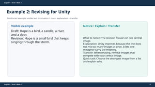 Prepared By: DepEd Club Team - DEPEDCLUB.COM
Prepared By: DepEd Club Team - DEPEDCLUB.COM
English 9 | Term 1 Week 4
Example 2: Revising for Unity
Reinforced example: visible text or situation + clue + explanation + transfer.
English 9 | Term 1 Week 4 56
Visible example
Draft: Hope is a bird, a candle, a river,
and a door.
Revision: Hope is a small bird that keeps
singing through the storm.
Notice • Explain • Transfer
What to notice: The revision focuses on one central
image.
Explanation: Unity improves because the line does
not mix too many images at once. It lets one
metaphor carry the meaning.
Transfer: When revising, remove images that
compete with your central image.
Quick task: Choose the strongest image from a list
and explain why.
 