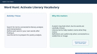 Prepared By: DepEd Club Team - DEPEDCLUB.COM
Prepared By: DepEd Club Team - DEPEDCLUB.COM
English 9 | Term 1 Week 4
Word Hunt: Activate Literary Vocabulary
English 9 | Term 1 Week 4 7
Activity / Focus
Search for terms connected to literary analysis
and interpretation.
Define each word in your own words after
finding it.
Use the terms to prepare for poetry analysis.
Why this matters
A poem may look short, but its words are
carefully chosen.
Literary terms help readers name what they
notice.
Definitions are useful only when connected to a
visible line or image.
Worksheet: word hunt
grid + answer space
 