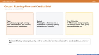 Prepared By: DepEd Club Team - DEPEDCLUB.COM
Prepared By: DepEd Club Team - DEPEDCLUB.COM
Grade 10 | English | Term 1 Week 9 Session 1
20
Output: Running-Time and Credits Brief
Output or after-class task linked to the BOW/DLL.
Task
Complete your group’s running-
time plan and check that opening
and end credits are included.
Output
A table plus a 1-minute oral or
written brief explaining opening
and end-credit contents.
Time / Materials
10–15 minutes; timing template,
calculator or phone timer, group
script and footage list.
Reminder: If footage is incomplete, assign a role for each member and plan what can still be recorded, edited, or performed
live.
 