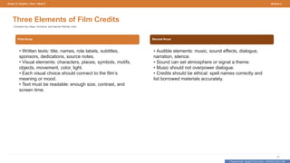 Prepared By: DepEd Club Team - DEPEDCLUB.COM
Prepared By: DepEd Club Team - DEPEDCLUB.COM
Grade 10 | English | Term 1 Week 9 Session 2
27
Three Elements of Film Credits
Compare key ideas, functions, and learner-friendly rules.
First focus
• Written texts: title, names, role labels, subtitles,
sponsors, dedications, source notes.
• Visual elements: characters, places, symbols, motifs,
objects, movement, color, light.
• Each visual choice should connect to the film’s
meaning or mood.
• Text must be readable: enough size, contrast, and
screen time.
Second focus
• Audible elements: music, sound effects, dialogue,
narration, silence.
• Sound can set atmosphere or signal a theme.
• Music should not overpower dialogue.
• Credits should be ethical: spell names correctly and
list borrowed materials accurately.
 