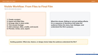 Prepared By: DepEd Club Team - DEPEDCLUB.COM
Prepared By: DepEd Club Team - DEPEDCLUB.COM
Grade 10 | English | Term 1 Week 9 Session 3
42
Visible Workflow: From Files to Final Film
Read the visible example before analyzing it.
1. Create a project.
2. Import and label files.
3. Arrange clips in story order.
4. Trim excess footage.
5. Add cutaways, titles, credits, and sound.
6. Preview, revise, save, export.
What this shows: Editing is not just adding effects.
It is a sequence of decisions that helps the
audience follow the story, hear dialogue, and
understand the film’s purpose.
Guiding question: What clue, feature, or design choice helps the audience understand the film?
 