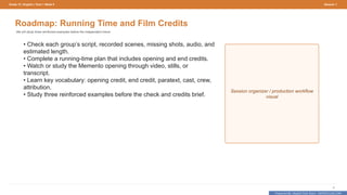 Prepared By: DepEd Club Team - DEPEDCLUB.COM
Prepared By: DepEd Club Team - DEPEDCLUB.COM
Grade 10 | English | Term 1 Week 9 Session 1
6
Roadmap: Running Time and Film Credits
We will study three reinforced examples before the independent check.
• Check each group’s script, recorded scenes, missing shots, audio, and
estimated length.
• Complete a running-time plan that includes opening and end credits.
• Watch or study the Memento opening through video, stills, or
transcript.
• Learn key vocabulary: opening credit, end credit, paratext, cast, crew,
attribution.
• Study three reinforced examples before the check and credits brief.
Session organizer / production workflow
visual
 