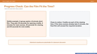 Prepared By: DepEd Club Team - DEPEDCLUB.COM
Prepared By: DepEd Club Team - DEPEDCLUB.COM
Grade 10 | English | Term 1 Week 9 Session 1
7
Progress Check: Can the Film Fit the Time?
Observe the example before making a judgment.
Visible example: A group wants a 6-minute short
film. They plan 30 seconds for opening credits, 4
minutes for main scenes, 45 seconds for closing,
and 45 seconds for end credits.
Clues to notice: Credits are part of the viewing
time. If the story scenes already take 6 minutes, the
final film will exceed the required duration.
Intentional visual/source placeholder for classroom discussion
 