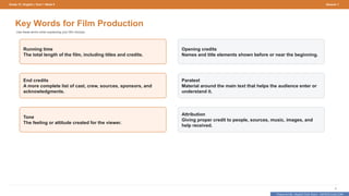Prepared By: DepEd Club Team - DEPEDCLUB.COM
Prepared By: DepEd Club Team - DEPEDCLUB.COM
Grade 10 | English | Term 1 Week 9 Session 1
9
Key Words for Film Production
Use these terms when explaining your film choices.
Running time
The total length of the film, including titles and credits.
Opening credits
Names and title elements shown before or near the beginning.
End credits
A more complete list of cast, crew, sources, sponsors, and
acknowledgments.
Paratext
Material around the main text that helps the audience enter or
understand it.
Tone
The feeling or attitude created for the viewer.
Attribution
Giving proper credit to people, sources, music, images, and
help received.
 