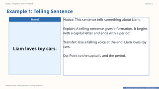 Prepared By: DepEd Club Team - DEPEDCLUB.COM
Prepared By: DepEd Club Team - DEPEDCLUB.COM
Grade 2 | English | Term 1 • Week 8 Session 2
Procedural text • telling sentences • asking sentences
Example 1: Telling Sentence
Model
Liam loves toy cars.
Notice: This sentence tells something about Liam.
Explain: A telling sentence gives information. It begins
with a capital letter and ends with a period.
Transfer: Use a falling voice at the end: Liam loves toy
cars.
Do: Point to the capital L and the period.
 
