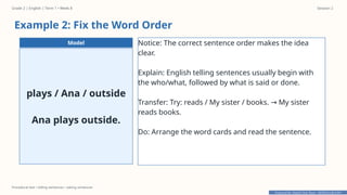 Prepared By: DepEd Club Team - DEPEDCLUB.COM
Prepared By: DepEd Club Team - DEPEDCLUB.COM
Grade 2 | English | Term 1 • Week 8 Session 2
Procedural text • telling sentences • asking sentences
Example 2: Fix the Word Order
Model
plays / Ana / outside
Ana plays outside.
Notice: The correct sentence order makes the idea
clear.
Explain: English telling sentences usually begin with
the who/what, followed by what is said or done.
Transfer: Try: reads / My sister / books. My sister
→
reads books.
Do: Arrange the word cards and read the sentence.
 