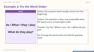 Prepared By: DepEd Club Team - DEPEDCLUB.COM
Prepared By: DepEd Club Team - DEPEDCLUB.COM
Grade 2 | English | Term 1 • Week 8 Session 4
Procedural text • telling sentences • asking sentences
Example 2: Fix the Word Order
Model
do / What / they / play
What do they play?
Notice: The question word usually comes near the
beginning.
Explain: The question is clear and answerable when
the words are in a meaningful order.
Transfer: Try: live / Where / you / do Where do you
→
live?
Do: Arrange the word cards and add the question
mark.
 