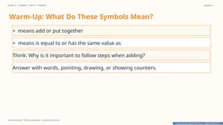 Prepared By: DepEd Club Team - DEPEDCLUB.COM
Prepared By: DepEd Club Team - DEPEDCLUB.COM
Grade 2 | English | Term 1 • Week 8 Session 1
Procedural text • telling sentences • asking sentences
Warm-Up: What Do These Symbols Mean?
+ means add or put together
= means is equal to or has the same value as
Think: Why is it important to follow steps when adding?
Answer with words, pointing, drawing, or showing counters.
 