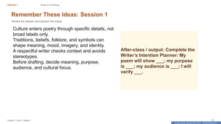 Prepared By: DepEd Club Team - DEPEDCLUB.COM
Prepared By: DepEd Club Team - DEPEDCLUB.COM
ENGLISH 7 Recap and Challenge
English 7 | Term 1 Week 8 20
Remember These Ideas: Session 1
Review the session and prepare the output.
Culture enters poetry through specific details, not
broad labels only.
Traditions, beliefs, folklore, and symbols can
shape meaning, mood, imagery, and identity.
A respectful writer checks context and avoids
stereotypes.
Before drafting, decide meaning, purpose,
audience, and cultural focus.
After-class / output: Complete the
Writer’s Intention Planner: My
poem will show ___; my purpose
is ___; my audience is ___; I will
verify ___.
 