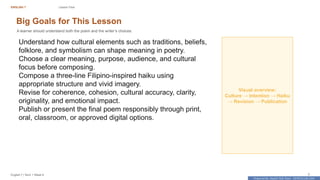 Prepared By: DepEd Club Team - DEPEDCLUB.COM
Prepared By: DepEd Club Team - DEPEDCLUB.COM
ENGLISH 7 Lesson Flow
English 7 | Term 1 Week 8 3
Big Goals for This Lesson
A learner should understand both the poem and the writer’s choices.
Understand how cultural elements such as traditions, beliefs,
folklore, and symbolism can shape meaning in poetry.
Choose a clear meaning, purpose, audience, and cultural
focus before composing.
Compose a three-line Filipino-inspired haiku using
appropriate structure and vivid imagery.
Revise for coherence, cohesion, cultural accuracy, clarity,
originality, and emotional impact.
Publish or present the final poem responsibly through print,
oral, classroom, or approved digital options.
Visual overview:
Culture → Intention → Haiku
→ Revision → Publication
 