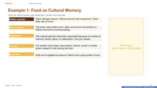 Prepared By: DepEd Club Team - DEPEDCLUB.COM
Prepared By: DepEd Club Team - DEPEDCLUB.COM
ENGLISH 7 Reinforced Example
English 7 | Term 1 Week 8 30
Example 1: Food as Cultural Memory
Study the visible example, clue, explanation, transfer, and quick task.
Visible example Warm bibingka steams / Banana leaves hold sweetness / Dawn
bells call us home
What to notice The poem uses smell, touch, taste, and sound connected to a
Filipino food and a morning setting.
Explanation The cultural element becomes meaningful because it is linked to
memory, family, place, or celebration—not just named.
Transfer For another food image, show steam, texture, sound, or family
action instead of only naming the dish.
Quick task Draft one 5-syllable line about a Filipino food using smell or touch.
Visual cue:
food • steam • family table
 