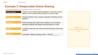 Prepared By: DepEd Club Team - DEPEDCLUB.COM
Prepared By: DepEd Club Team - DEPEDCLUB.COM
ENGLISH 7 Reinforced Example
English 7 | Term 1 Week 8 62
Example 3: Responsible Online Sharing
Study the visible example, clue, explanation, transfer, and quick task.
Visible example A learner uses a teacher-approved platform, a pen name, privacy
settings, and an original drawing instead of a copied image.
What to notice The plan protects privacy, respects copyright, and follows school
guidance.
Explanation Online sharing can reach more readers, but it must be
planned carefully with safety and permission in mind.
Transfer In another online task, ask: What personal information should stay
private?
Quick task
Complete: “Before posting online, I should ______.”
Visual cue:
privacy toggle + permission
note
 