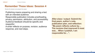 Prepared By: DepEd Club Team - DEPEDCLUB.COM
Prepared By: DepEd Club Team - DEPEDCLUB.COM
ENGLISH 7 Recap and Challenge
English 7 | Term 1 Week 8 66
Remember These Ideas: Session 4
Review the session and prepare the output.
Publishing means preparing and sharing a text
with an intended audience.
Responsible publication includes proofreading,
privacy, permission, attribution, and accessibility.
Audience feedback should be specific and
respectful.
A writer reflects on purpose, revision, audience
response, and next steps.
After-class / output: Submit the
final poem, author’s note,
publication plan, and reflection:
“My poem reflects culture by…
The revision that improved it most
was… When I publish, I am
responsible for…”.
 