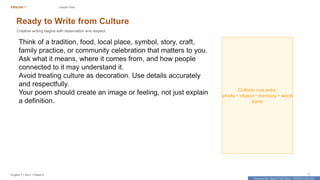 Prepared By: DepEd Club Team - DEPEDCLUB.COM
Prepared By: DepEd Club Team - DEPEDCLUB.COM
ENGLISH 7 Lesson Flow
English 7 | Term 1 Week 8 7
Ready to Write from Culture
Creative writing begins with observation and respect.
Think of a tradition, food, local place, symbol, story, craft,
family practice, or community celebration that matters to you.
Ask what it means, where it comes from, and how people
connected to it may understand it.
Avoid treating culture as decoration. Use details accurately
and respectfully.
Your poem should create an image or feeling, not just explain
a definition.
Culture cue area:
photo • object • memory • word
bank
 