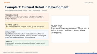 Prepared By: DepEd Club Team - DEPEDCLUB.COM
Prepared By: DepEd Club Team - DEPEDCLUB.COM
ENGLISH 8 Term 1 | Week 7
Example 3: Cultural Detail in Development
Reinforced example: visible sample + clue + explanation + transfer.
VISIBLE EXAMPLE
Line: “Grandmother’s drumbeat called the neighbors
before the rain.”
WHAT TO NOTICE
The detail combines person, sound, place, and event.
EXPLANATION
Specific details make culture lived and human. They are
stronger than general labels because readers can imagine
them and understand their emotional role.
TRANSFER
Use culturally grounded details as evidence of meaning, not
decoration.
QUICK TASK
Improve this weak sentence: “There was a
cultural event.” Add who, what, where,
and feeling.
English 8 | Term 1 Week 7 | Drafting and Revising an Original Afro-Asian Literary Text 23
 