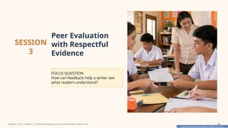 Prepared By: DepEd Club Team - DEPEDCLUB.COM
Prepared By: DepEd Club Team - DEPEDCLUB.COM
SESSION
3
Peer Evaluation
with Respectful
Evidence
FOCUS QUESTION
How can feedback help a writer see
what readers understand?
English 8 | Term 1 Week 7 | Drafting and Revising an Original Afro-Asian Literary Text 26
 