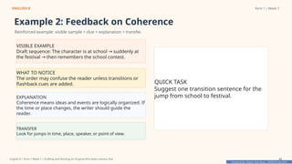 Prepared By: DepEd Club Team - DEPEDCLUB.COM
Prepared By: DepEd Club Team - DEPEDCLUB.COM
ENGLISH 8 Term 1 | Week 7
Example 2: Feedback on Coherence
Reinforced example: visible sample + clue + explanation + transfer.
VISIBLE EXAMPLE
Draft sequence: The character is at school suddenly at
→
the festival then remembers the school contest.
→
WHAT TO NOTICE
The order may confuse the reader unless transitions or
flashback cues are added.
EXPLANATION
Coherence means ideas and events are logically organized. If
the time or place changes, the writer should guide the
reader.
TRANSFER
Look for jumps in time, place, speaker, or point of view.
QUICK TASK
Suggest one transition sentence for the
jump from school to festival.
English 8 | Term 1 Week 7 | Drafting and Revising an Original Afro-Asian Literary Text 32
 