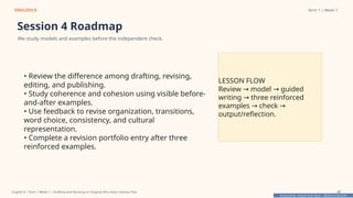 Prepared By: DepEd Club Team - DEPEDCLUB.COM
Prepared By: DepEd Club Team - DEPEDCLUB.COM
ENGLISH 8 Term 1 | Week 7
Session 4 Roadmap
We study models and examples before the independent check.
• Review the difference among drafting, revising,
editing, and publishing.
• Study coherence and cohesion using visible before-
and-after examples.
• Use feedback to revise organization, transitions,
word choice, consistency, and cultural
representation.
• Complete a revision portfolio entry after three
reinforced examples.
LESSON FLOW
Review model guided
→ →
writing three reinforced
→
examples check
→ →
output/reflection.
English 8 | Term 1 Week 7 | Drafting and Revising an Original Afro-Asian Literary Text 37
 