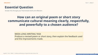 Prepared By: DepEd Club Team - DEPEDCLUB.COM
Prepared By: DepEd Club Team - DEPEDCLUB.COM
ENGLISH 8 Term 1 | Week 7
Essential Question
Answer this through your final revised draft and reflection.
How can an original poem or short story
communicate cultural meaning clearly, respectfully,
and powerfully to a chosen audience?
WEEK-LONG WRITING TASK
Produce a revised poem or short story, then explain the feedback used
and the improvements made.
English 8 | Term 1 Week 7 | Drafting and Revising an Original Afro-Asian Literary Text 4
 