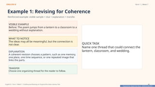 Prepared By: DepEd Club Team - DEPEDCLUB.COM
Prepared By: DepEd Club Team - DEPEDCLUB.COM
ENGLISH 8 Term 1 | Week 7
Example 1: Revising for Coherence
Reinforced example: visible sample + clue + explanation + transfer.
VISIBLE EXAMPLE
Before: The poem jumps from a lantern to a classroom to a
wedding without explanation.
WHAT TO NOTICE
The ideas may all be meaningful, but the connection is
not clear.
EXPLANATION
A coherent revision chooses a pattern, such as one memory,
one place, one time sequence, or one repeated image that
links the parts.
TRANSFER
Choose one organizing thread for the reader to follow.
QUICK TASK
Name one thread that could connect the
lantern, classroom, and wedding.
English 8 | Term 1 Week 7 | Drafting and Revising an Original Afro-Asian Literary Text 41
 