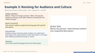 Prepared By: DepEd Club Team - DEPEDCLUB.COM
Prepared By: DepEd Club Team - DEPEDCLUB.COM
ENGLISH 8 Term 1 | Week 7
Example 3: Revising for Audience and Culture
Reinforced example: visible sample + clue + explanation + transfer.
VISIBLE EXAMPLE
Before: “They do strange customs.” After: “During the
naming ceremony, each elder offered a blessing for the
child’s courage.”
WHAT TO NOTICE
The revision replaces judgmental language with specific
description.
EXPLANATION
Audience impact improves when readers can understand
and respect the cultural detail. Precise description is stronger
than labeling something strange or exotic.
TRANSFER
Use neutral, specific language that lets the detail speak.
QUICK TASK
Revise this phrase: “weird festival clothes”
into respectful description.
English 8 | Term 1 Week 7 | Drafting and Revising an Original Afro-Asian Literary Text 43
 