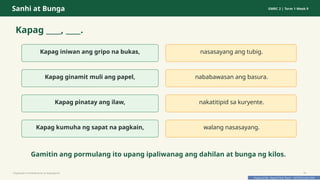 Prepared By: DepEd Club Team - DEPEDCLUB.COM
Prepared By: DepEd Club Team - DEPEDCLUB.COM
Sanhi at Bunga GMRC 2 | Term 1 Week 9
Kapag ____, ____.
Kapag iniwan ang gripo na bukas, nasasayang ang tubig.
Kapag ginamit muli ang papel, nababawasan ang basura.
Kapag pinatay ang ilaw, nakatitipid sa kuryente.
Kapag kumuha ng sapat na pagkain, walang nasasayang.
Gamitin ang pormulang ito upang ipaliwanag ang dahilan at bunga ng kilos.
Pagtitipid na Nakabubuti sa Kapaligiran 16
 