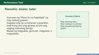 Prepared By: DepEd Club Team - DEPEDCLUB.COM
Prepared By: DepEd Club Team - DEPEDCLUB.COM
Performance Task GMRC 2 | Term 1 Week 9
Planuhin, Gawin, Iulat
Gumawa ng “Plano Ko sa Pagtitipid” na
may tatlong gawain.
Isagawa ang isa sa tahanan o paaralan.
Iulat kung ano ang ginawa at ano ang
naging mabuting bunga.
Maaaring magsalita, gumuhit, magsulat, o
magsadula.
Success Criteria
May wastong kilos.
May malinaw na dahilan.
May pangakong kayang
gawin.
Pagtitipid na Nakabubuti sa Kapaligiran 31
 