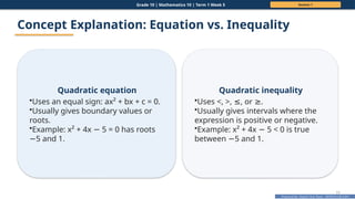 Prepared By: DepEd Club Team - DEPEDCLUB.COM
Prepared By: DepEd Club Team - DEPEDCLUB.COM
Grade 10 | Mathematics 10 | Term 1 Week 5 Session 1
11
Concept Explanation: Equation vs. Inequality
Quadratic equation
•Uses an equal sign: ax² + bx + c = 0.
•Usually gives boundary values or
roots.
•Example: x² + 4x 5 = 0 has roots
−
5 and 1.
−
Quadratic inequality
•Uses <, >, , or .
≤ ≥
•Usually gives intervals where the
expression is positive or negative.
•Example: x² + 4x 5 < 0 is true
−
between 5 and 1.
−
 