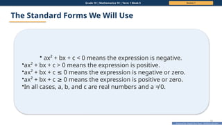Prepared By: DepEd Club Team - DEPEDCLUB.COM
Prepared By: DepEd Club Team - DEPEDCLUB.COM
Grade 10 | Mathematics 10 | Term 1 Week 5 Session 1
12
The Standard Forms We Will Use
• ax² + bx + c < 0 means the expression is negative.
•ax² + bx + c > 0 means the expression is positive.
•ax² + bx + c 0 means the expression is negative or zero.
≤
•ax² + bx + c 0 means the expression is positive or zero.
≥
•In all cases, a, b, and c are real numbers and a ≠ 0.
 