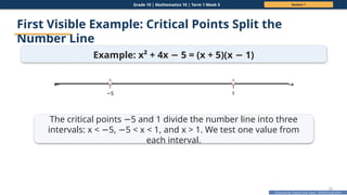 Prepared By: DepEd Club Team - DEPEDCLUB.COM
Prepared By: DepEd Club Team - DEPEDCLUB.COM
Grade 10 | Mathematics 10 | Term 1 Week 5 Session 1
13
First Visible Example: Critical Points Split the
Number Line
Example: x² + 4x 5 = (x + 5)(x 1)
− −
← →
−5 1
The critical points 5 and 1 divide the number line into three
−
intervals: x < 5, 5 < x < 1, and x > 1. We test one value from
− −
each interval.
 