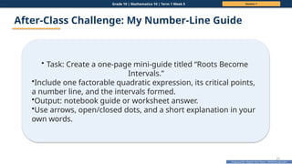 Prepared By: DepEd Club Team - DEPEDCLUB.COM
Prepared By: DepEd Club Team - DEPEDCLUB.COM
Grade 10 | Mathematics 10 | Term 1 Week 5 Session 1
21
After-Class Challenge: My Number-Line Guide
• Task: Create a one-page mini-guide titled “Roots Become
Intervals.”
•Include one factorable quadratic expression, its critical points,
a number line, and the intervals formed.
•Output: notebook guide or worksheet answer.
•Use arrows, open/closed dots, and a short explanation in your
own words.
 