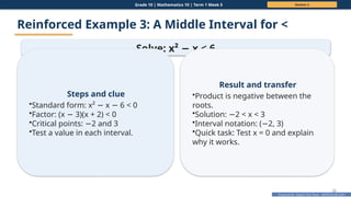 Prepared By: DepEd Club Team - DEPEDCLUB.COM
Prepared By: DepEd Club Team - DEPEDCLUB.COM
Grade 10 | Mathematics 10 | Term 1 Week 5 Session 2
32
Reinforced Example 3: A Middle Interval for <
Solve: x² x < 6
−
Steps and clue
•Standard form: x² x 6 < 0
− −
•Factor: (x 3)(x + 2) < 0
−
•Critical points: 2 and 3
−
•Test a value in each interval.
Result and transfer
•Product is negative between the
roots.
•Solution: 2 < x < 3
−
•Interval notation: ( 2, 3)
−
•Quick task: Test x = 0 and explain
why it works.
 