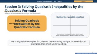 Prepared By: DepEd Club Team - DEPEDCLUB.COM
Prepared By: DepEd Club Team - DEPEDCLUB.COM
Grade 10 | Mathematics 10 | Term 1 Week 5 Session 3
37
Session 3: Solving Quadratic Inequalities by the
Quadratic Formula
How do we solve when factoring is not convenient?
Session focus
Solving Quadratic
Inequalities by the
Quadratic Formula
Number line + parabola visual cue
Instructional visual placeholder: sketch/graph
where the expression is above or below the x-axis.
We study visible examples first, discuss the reasoning, analyze three reinforced
examples, then check understanding.
 