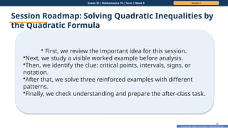 Prepared By: DepEd Club Team - DEPEDCLUB.COM
Prepared By: DepEd Club Team - DEPEDCLUB.COM
Grade 10 | Mathematics 10 | Term 1 Week 5 Session 3
38
Session Roadmap: Solving Quadratic Inequalities by
the Quadratic Formula
• First, we review the important idea for this session.
•Next, we study a visible worked example before analysis.
•Then, we identify the clue: critical points, intervals, signs, or
notation.
•After that, we solve three reinforced examples with different
patterns.
•Finally, we check understanding and prepare the after-class task.
 
